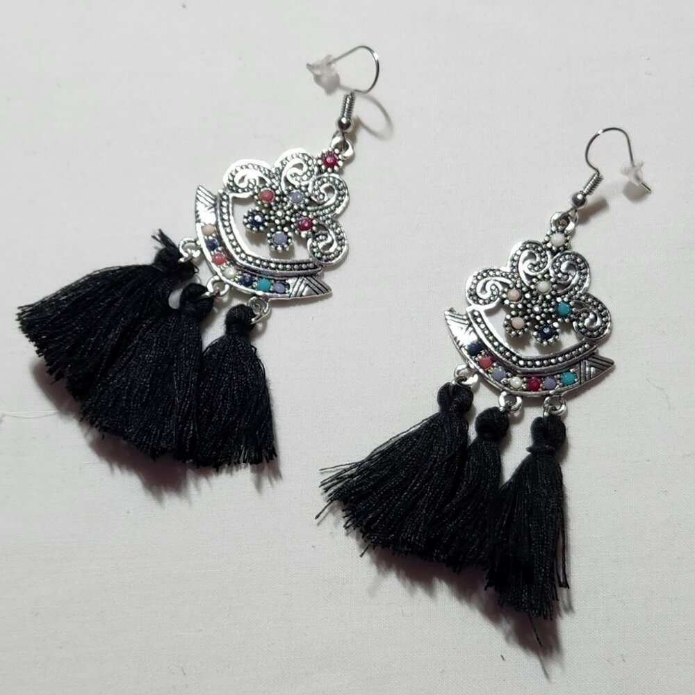 THREE FOR $20 Cute Boho earrings silver tone & black costume NWOT